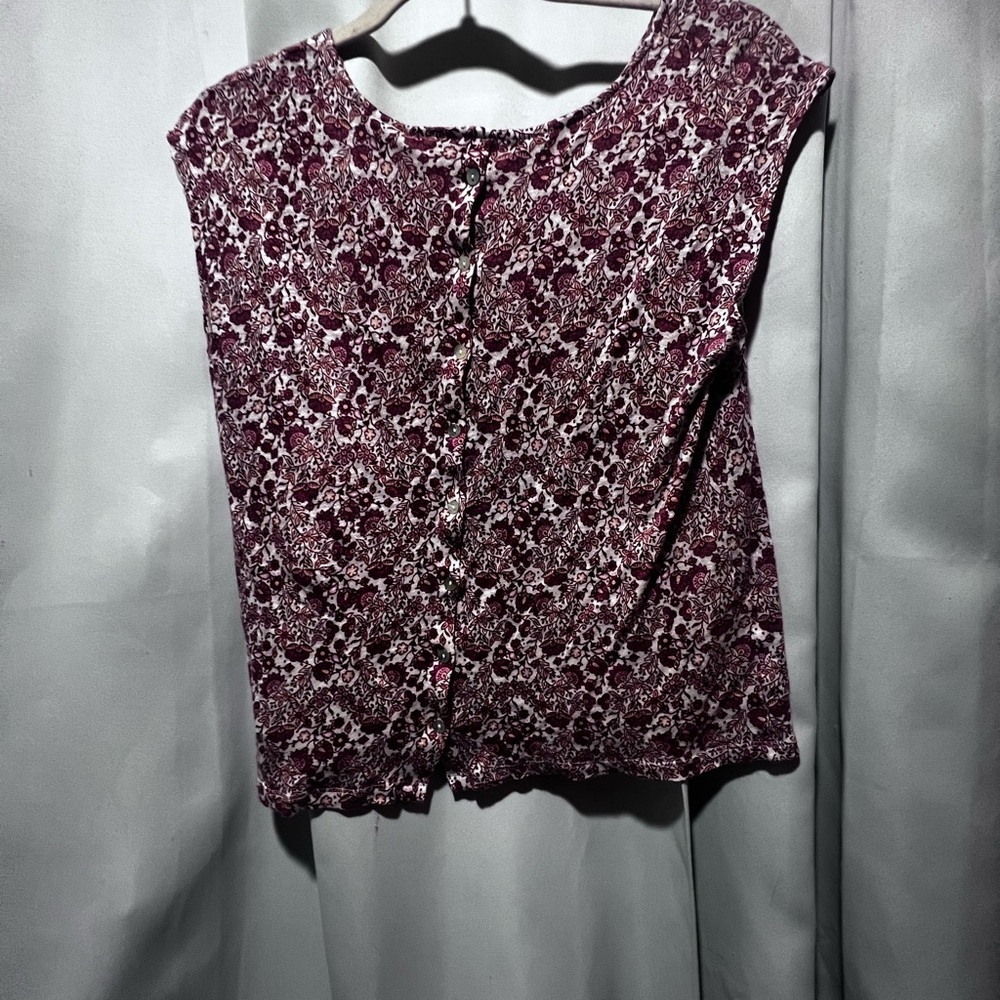 Rachel Zoe 100% Linen Floral Blouse Medium Burgundy Button Back Top - Picture 4 of 7